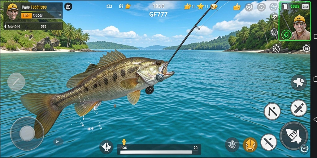 Screenshot utama GF777 menunjukkan gameplay memancing yang seru dan penuh warna.