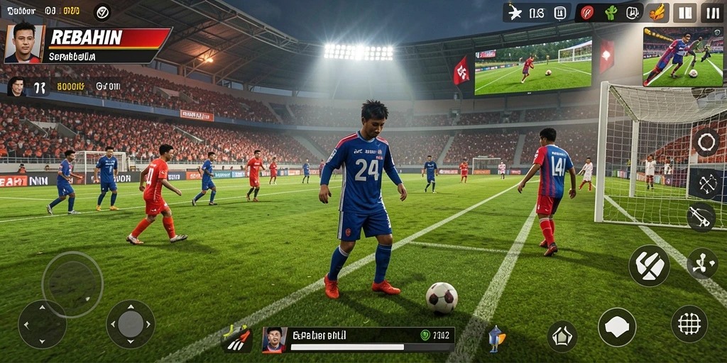 Gameplay seru <strong>REBAHIN</strong> yang menampilkan aksi di lapangan sepak bola.