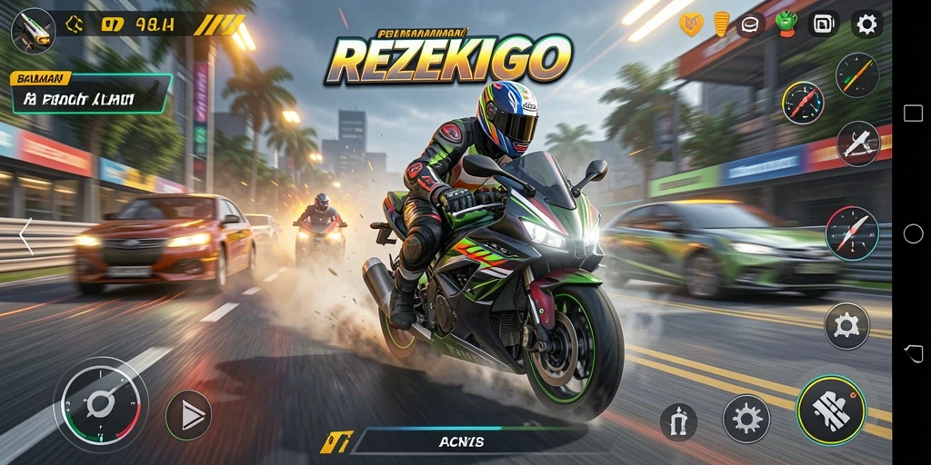 Gameplay seru dan menegangkan dalam REZEKIGO, balapan motor yang penuh aksi.